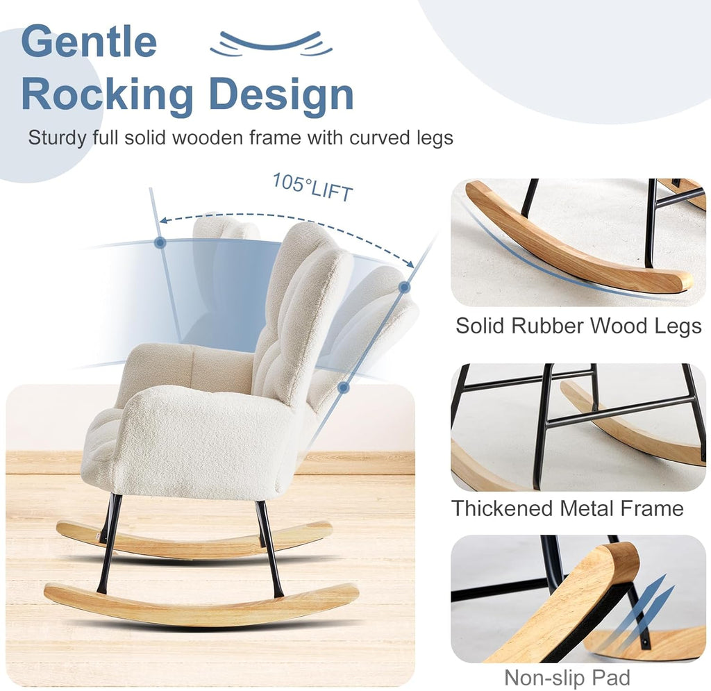Nursery Rocking Chair, Teddy Upholstered Glider Rocker with High Backrest & Thick Cushion, Tufted Accent Armchair with Wood Legs, Comfy Reading Chair for Living Room Bedroom Office, Beige