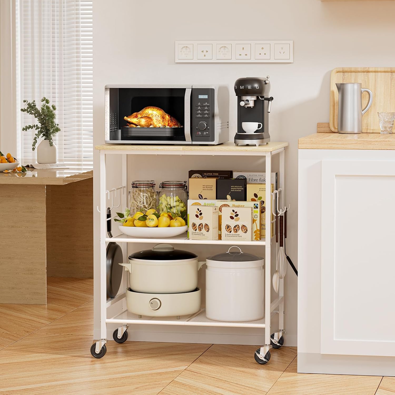 NTE Rolling Kitchen Microwave Cart, 3 Tier Microwave Stand with Storage, Small Kitchen Island on Wheels, Kitchen Storage Cart with 6 Hooks for Kitchen, Coffee Bar, Living Room, Balcony