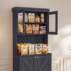71" Farmhouse Kitchen Pantry Cabinet Freestanding Coffee Bar with Glass Doors or Drawers, Microwave Stand, Large Storage Hutch with Adjustable Shelves for Kitchen and Living Room，Black 3pcs
