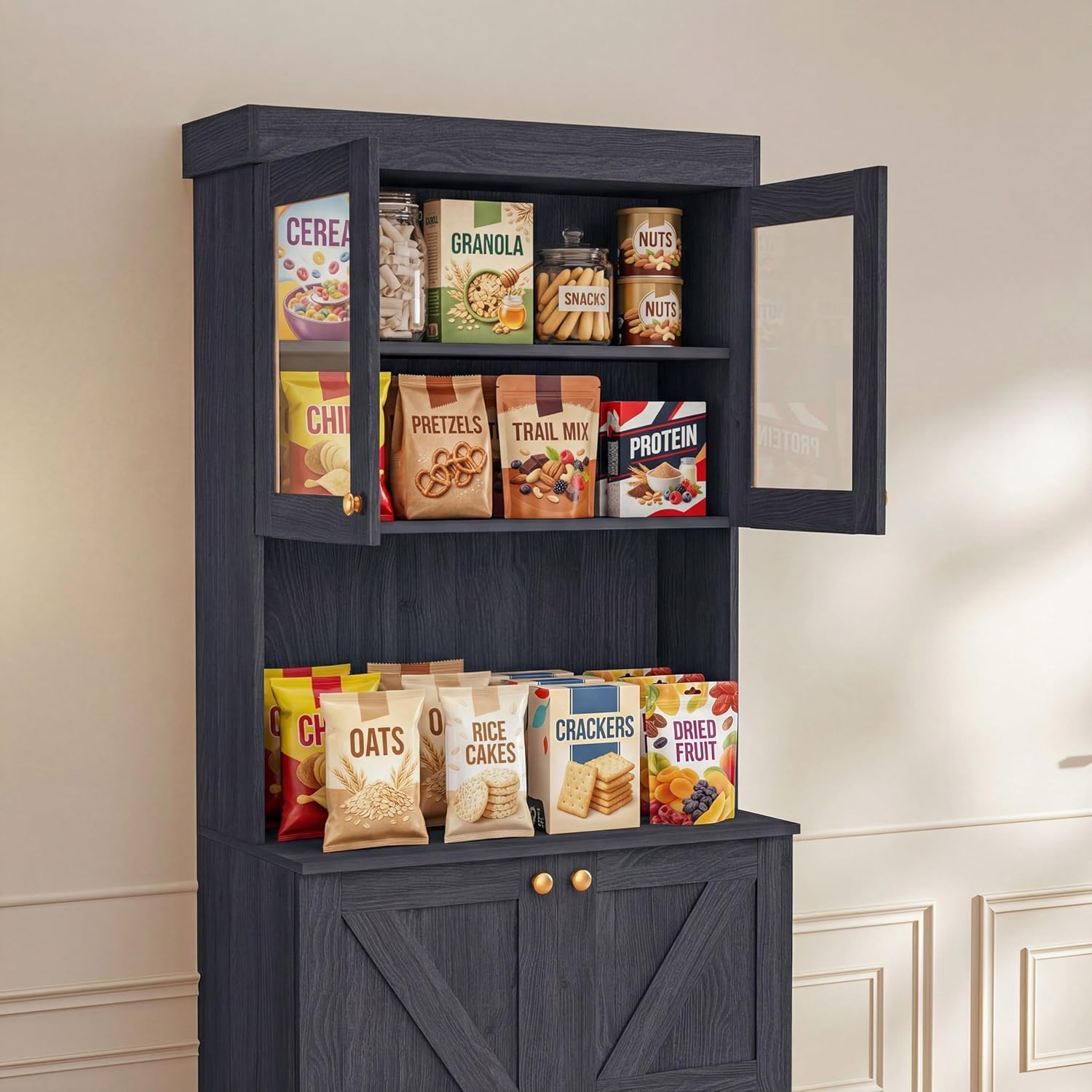 71" Farmhouse Kitchen Pantry Cabinet Freestanding Coffee Bar with Glass Doors or Drawers, Microwave Stand, Large Storage Hutch with Adjustable Shelves for Kitchen and Living Room，Black 3pcs