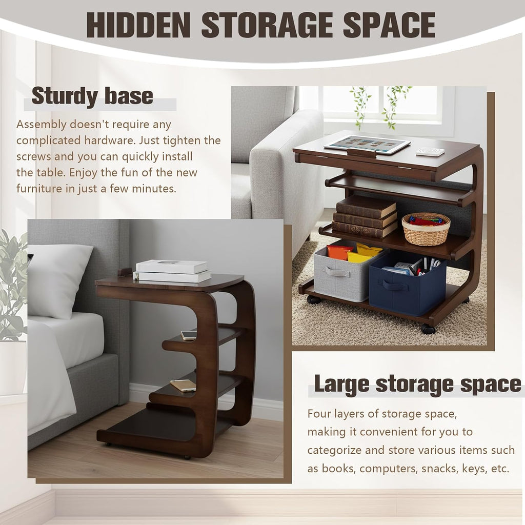 Wooden C-Shaped End Table with 2 Lockable Wheels 4-Tier Small Side Table with Storage Bag Adjustable Desktop 360 Degree Swivel TV Tray for Living Room Bedroom Use