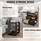 Wooden C-Shaped End Table with 2 Lockable Wheels 4-Tier Small Side Table with Storage Bag Adjustable Desktop 360 Degree Swivel TV Tray for Living Room Bedroom Use