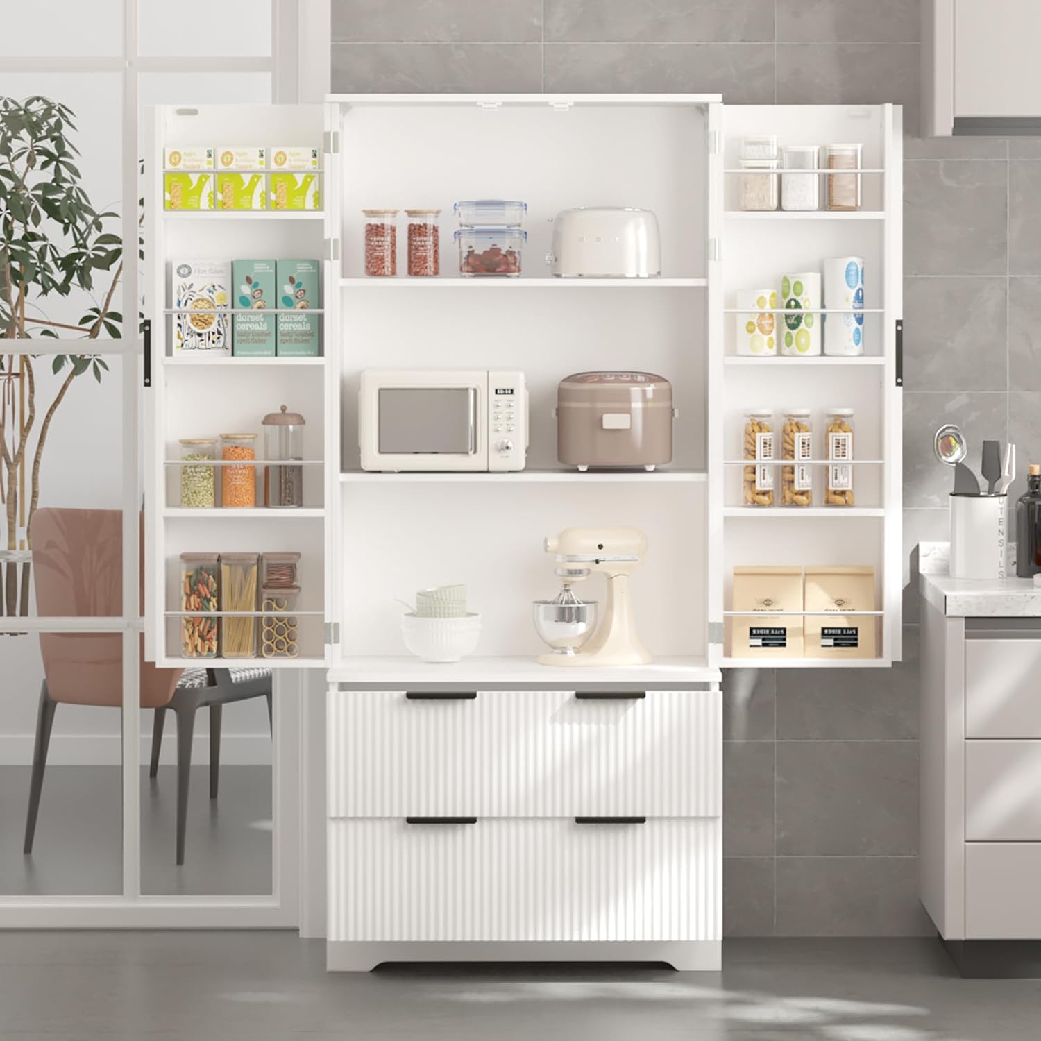 Polibi 72" Freestanding Fluted Kitchen Pantry Cabinet with 2 Large Drawers & 8-Door Spice Rack, Storage Organizer for Dining Room, Office, Entryway, or Hallway (White)