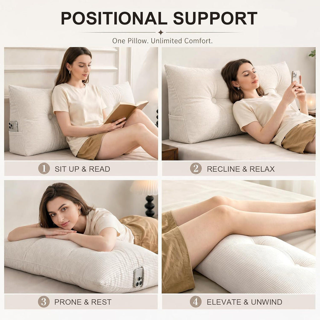 Gnostik Headboard Pillow Twin/Twin XL, Beige Triangle Wedge Pillow Headboard for Dorm, Daybed Backrest Cushion for Reading Sitting Working, 39.4"x15.7"x7.5"