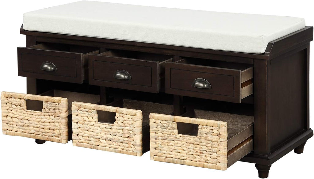 Rustic Storage Bench Narrow Entryway Bench with 3 Drawers and 3 Rattan Baskets Shoe Bench for Hallway Living Room Entryway Espresso Easy Assembly 42.1''× 15.40''× 21''