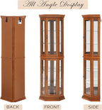 Corner Curio Cabinet with Light Bulb, Tempered Glass Doors, Floor Standing Glass Display Cage with 6 Tempered Glass Shelves, Wine Cabinet Storage Rack for Bar and Liquor Storage (Oak)