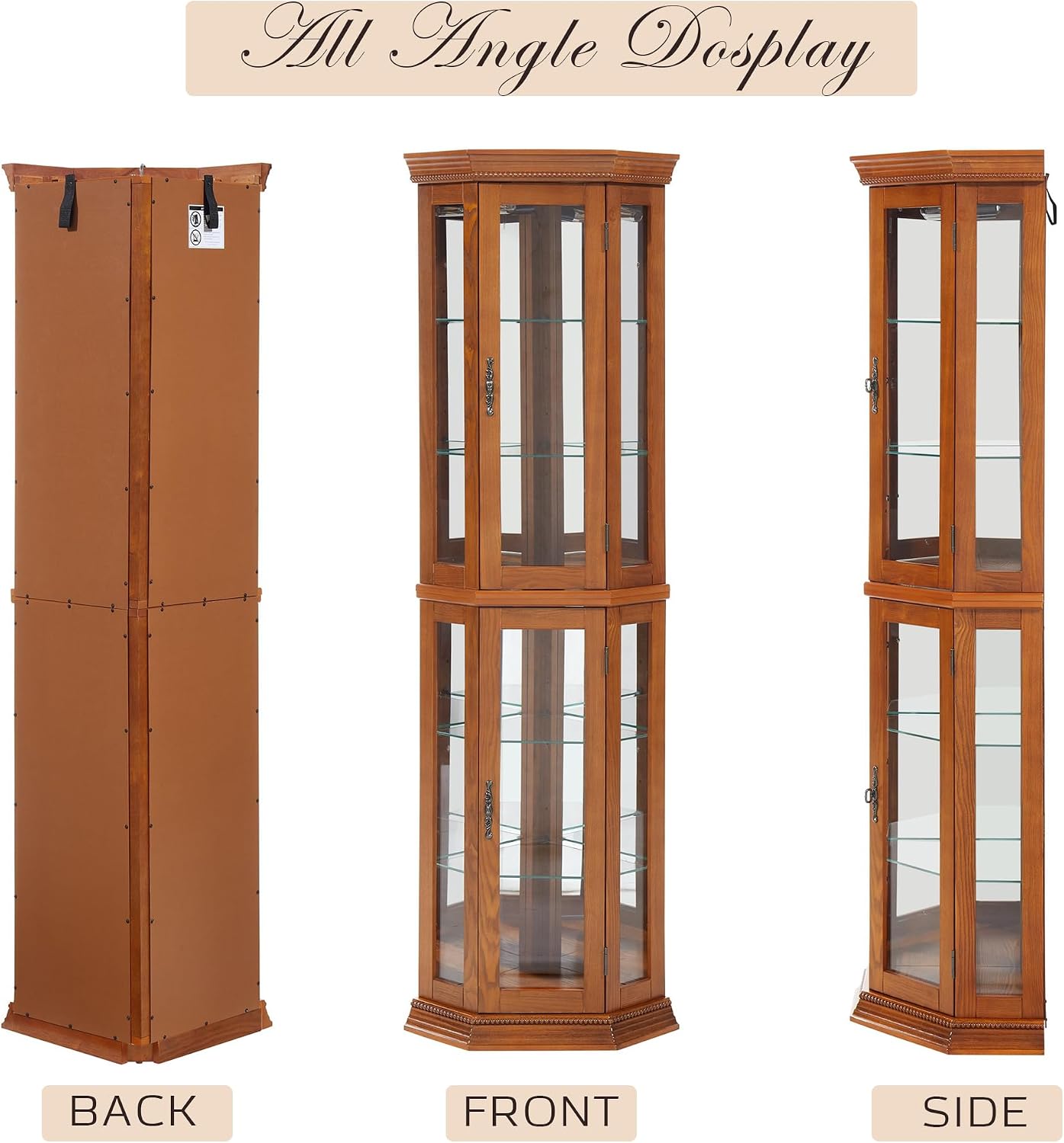 Corner Curio Cabinet with Light Bulb, Tempered Glass Doors, Floor Standing Glass Display Cage with 6 Tempered Glass Shelves, Wine Cabinet Storage Rack for Bar and Liquor Storage (Oak)