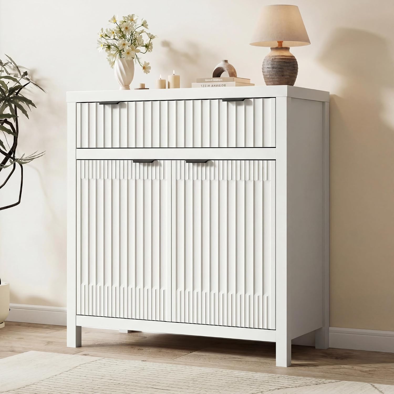 Fatmok Fluted Buffet Cabinet with Storage Set of 2, 34" Tall Modern Arched Sideboard Cabinet w/AdjustableShelves,Wooden Modular Coffee Bar for Dining Room, Kitchen, Living Room, Entryway, White