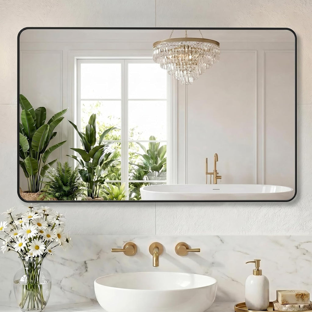 NEWBULIG 30X48 Inch Bathroom Mirror, Rectangle Wall Mirror with Rounded Corners, Black Vanity Mirrors for Bathroom Sink with Metal Frame for Bedroom, Entryway, Hangs Horizontally or Vertically