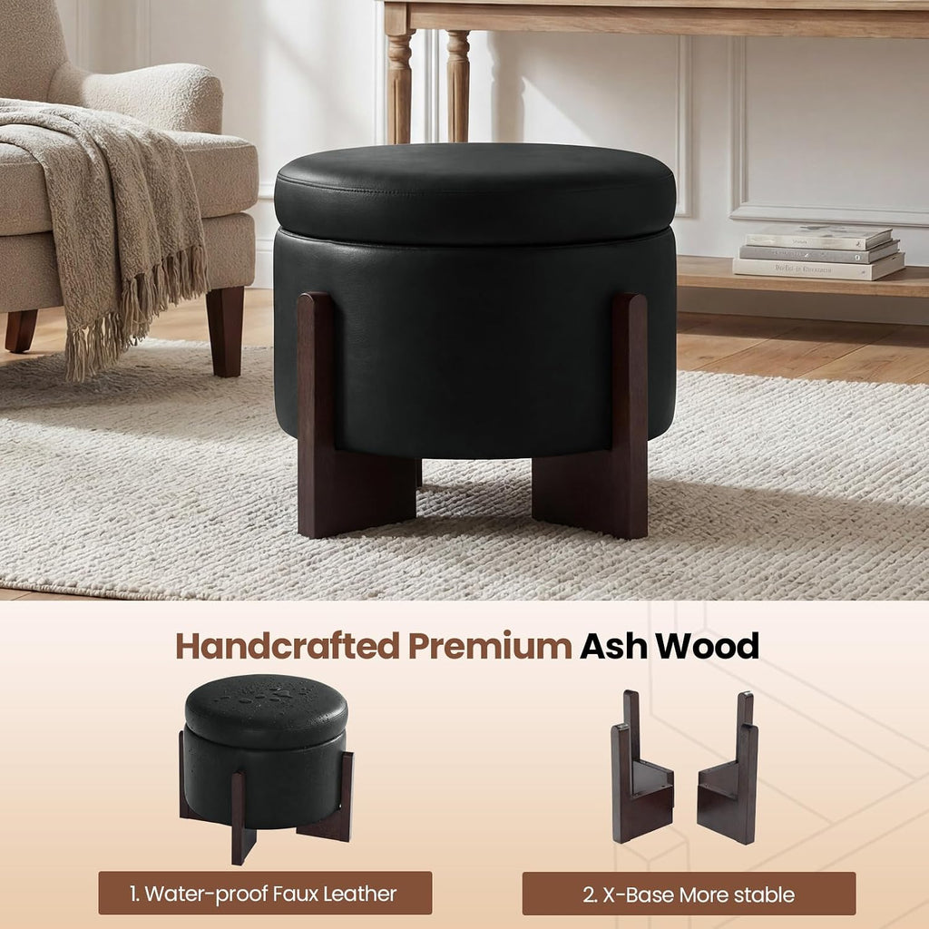 Faux Leather Round Ottoman, 22 Inch Storage Ottoman,PU Leather Ottoman,Multi-Functional Footrest for Living Room & Bedroom,Apartments (Black, Round)