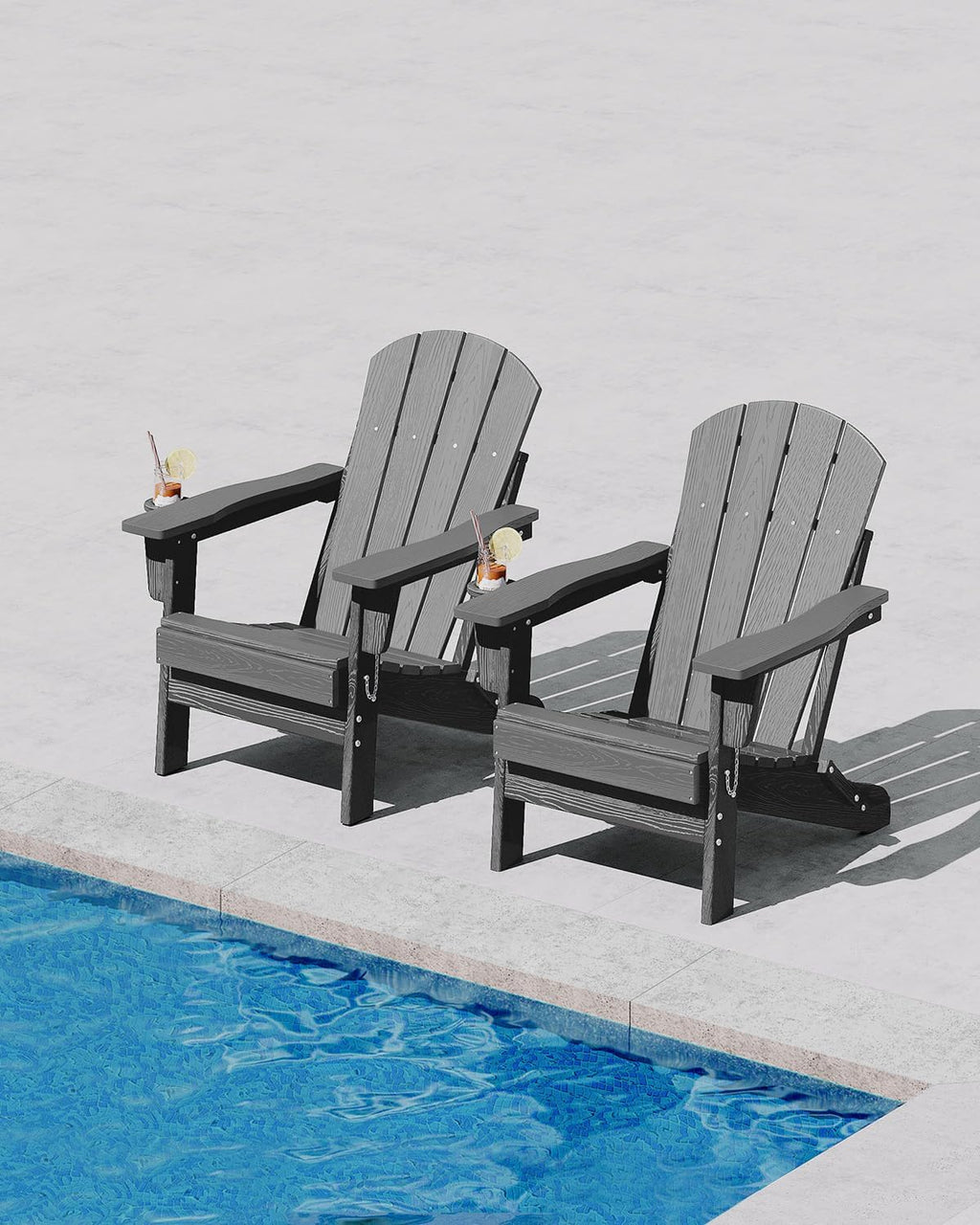 Garvee Folding Adirondack Chair, HDPE Outdoor Patio Chair with Cup Holder, All Weather Resistent Wooden Textured for patios, Decks, Gardens, fire Pit, Grey