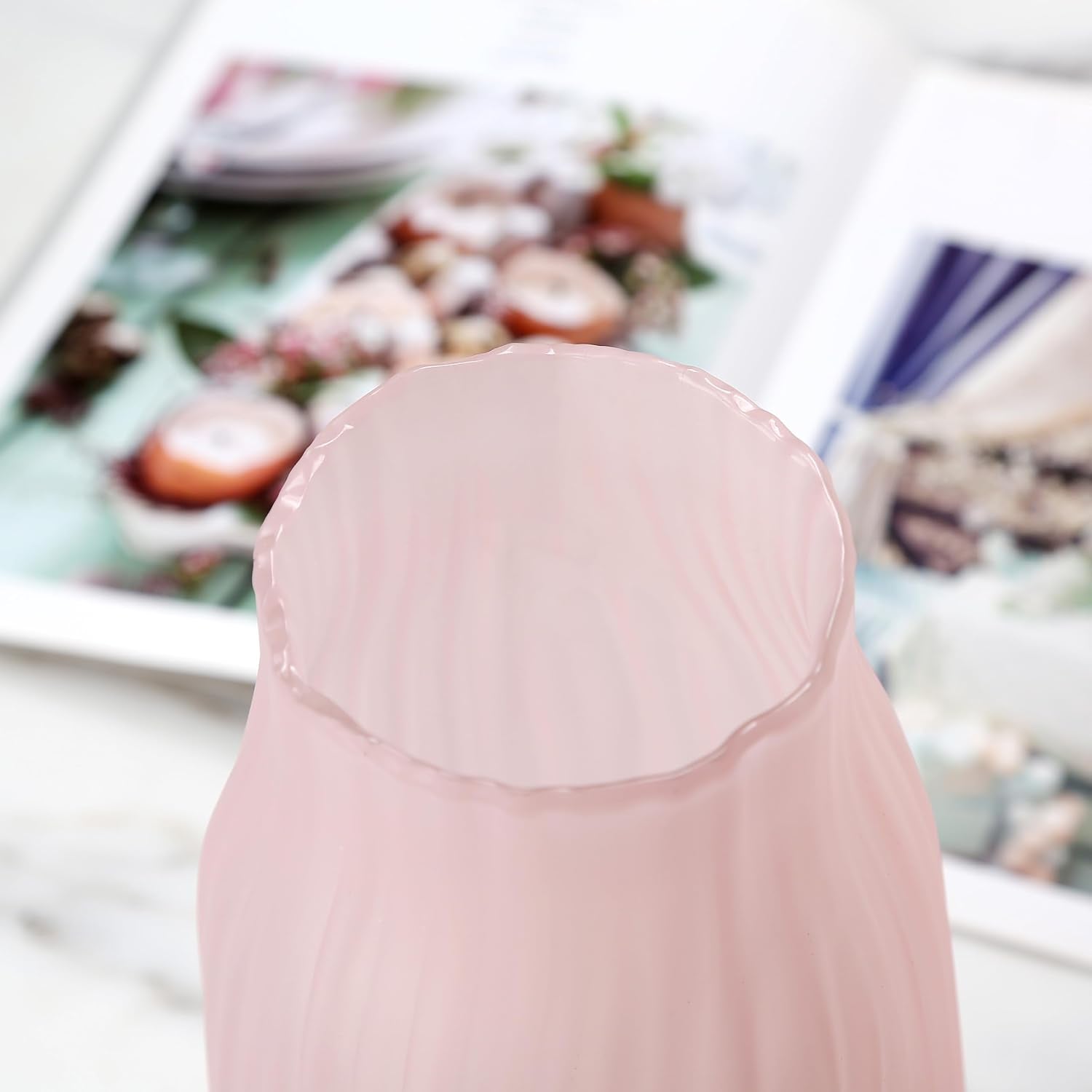 Large Ribbed Glass Vase 12in Frosted Pink Elegant Decorative Vases for Home Flowers Arrangements, Centerpieces, and Modern Décor