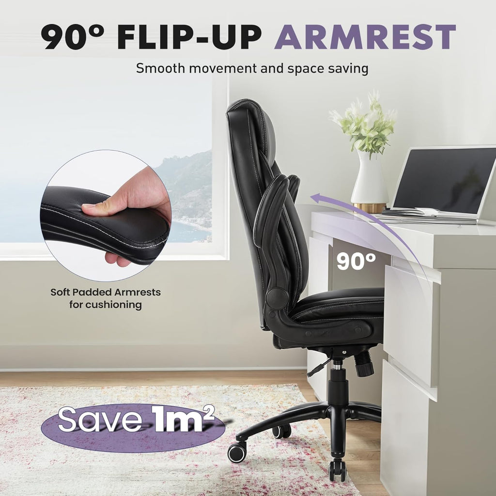 400lbs Capacity Executive Desk Chair with Ergonomic Lumbar Support, Flip-up Arms & High Back Leather Computer Chair for Home/Office, Black