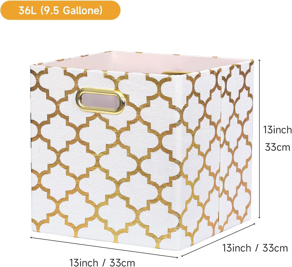 Posprica 13x13x13 Storage Cube Bins, Collapsible Storage Bins Fabric Storage Cubes Organizer Baskets Box Drawers for Shelves, Closet, Wardrobe, Bookshelf, Cabinet, Cream/Gold Lantern, 4 Pack
