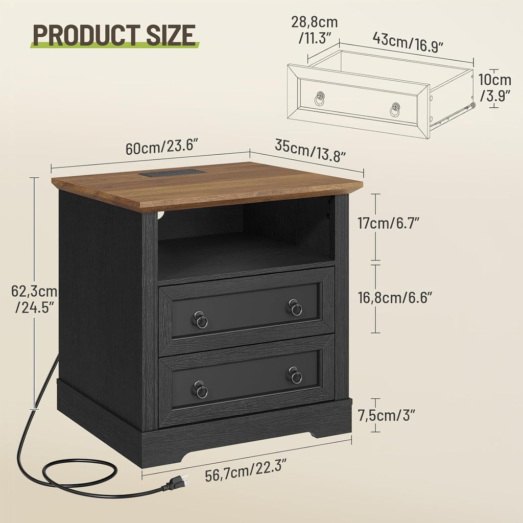 Farmhouse Nightstand with Charging Station, Wooden Bedside End Table with 2 Drawers and Open Storage Shelf, Side Table for Bedroom Living Room, Black & Walnut