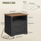 Farmhouse Nightstand with Charging Station, Wooden Bedside End Table with 2 Drawers and Open Storage Shelf, Side Table for Bedroom Living Room, Black & Walnut