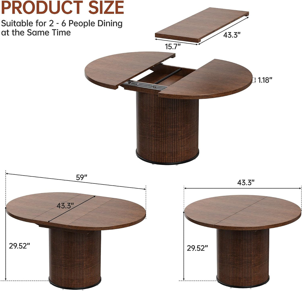 Extendable Round Dining Table for 4-8, 43in-59in Modern Wood Dining Room Table with Removable Leaves, Extendable Dinner Tables w/Heavy Duty Base for Kitchen|Living Room|Small Space, Walnut