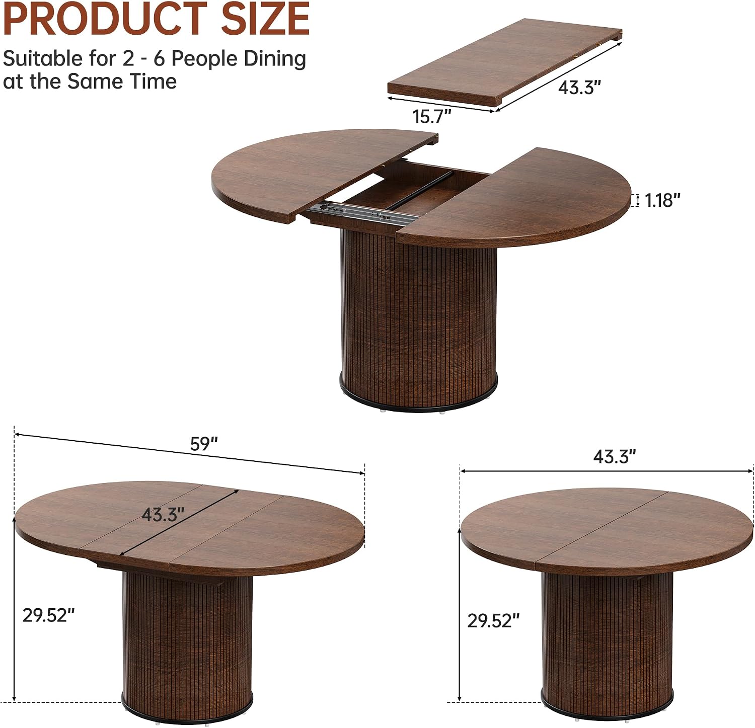 Extendable Round Dining Table for 4-8, 43in-59in Modern Wood Dining Room Table with Removable Leaves, Extendable Dinner Tables w/Heavy Duty Base for Kitchen|Living Room|Small Space, Walnut