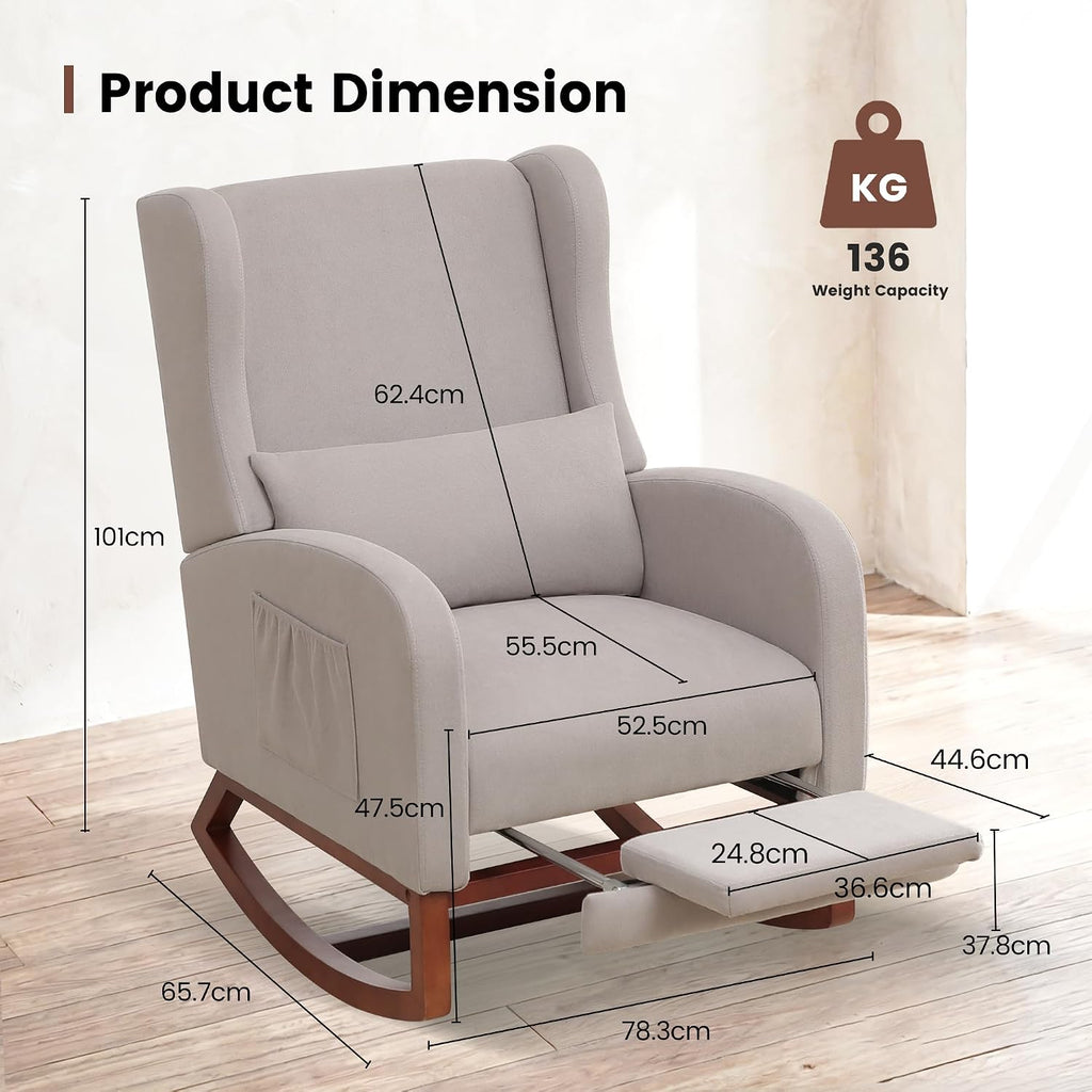 Nursery Rocking Chair，Rocking Chair with Foot Rest,Nursery Rocker Comfy Glider Nursing Chair with Back Pillow for Living Room,Bedroom,Linen Light Grey