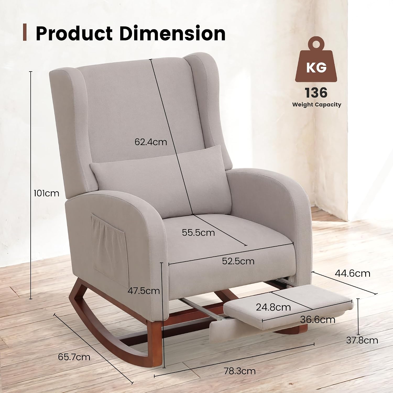 Nursery Rocking Chair，Rocking Chair with Foot Rest,Nursery Rocker Comfy Glider Nursing Chair with Back Pillow for Living Room,Bedroom,Linen Light Grey