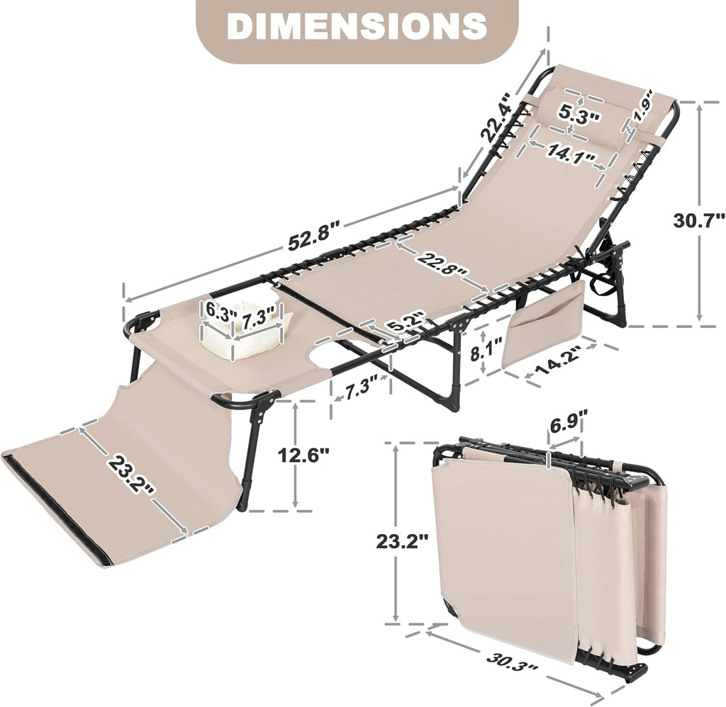 NUU GARDEN Outdoor Foldable Chaise Lounge Chairs, Tanning Chair with Face Hole and Pillow 5-Position Reclining Oxford Fabric - Portable for Beach, Poolside, Patio Camping (Khaki)