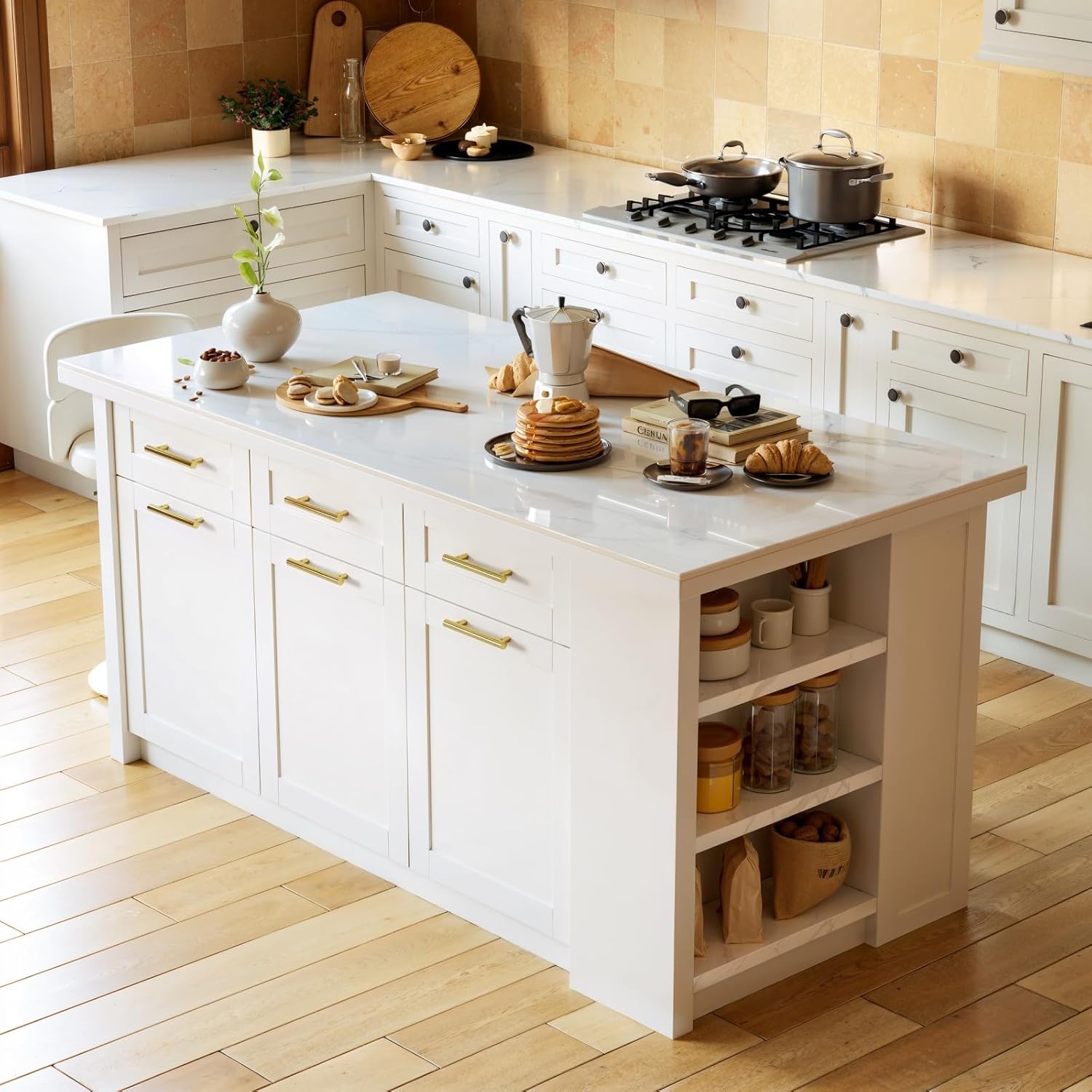 homary Kitchen Island with Bar Stools Set,71" White Kitchen Island with Seating,Sintered Stone Top & Drawers,Freestanding Multifunctional Island Table with 2 Chairs