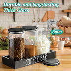 Glass Coffee Canister for Ground Coffee - 3Pcs 45oz Coffee and Sugar Container Set with Airtight Bamboo Lids and Black Tray - Farmhouse Coffee Bean Storage Jars for Coffee Bar Decor and Accessories