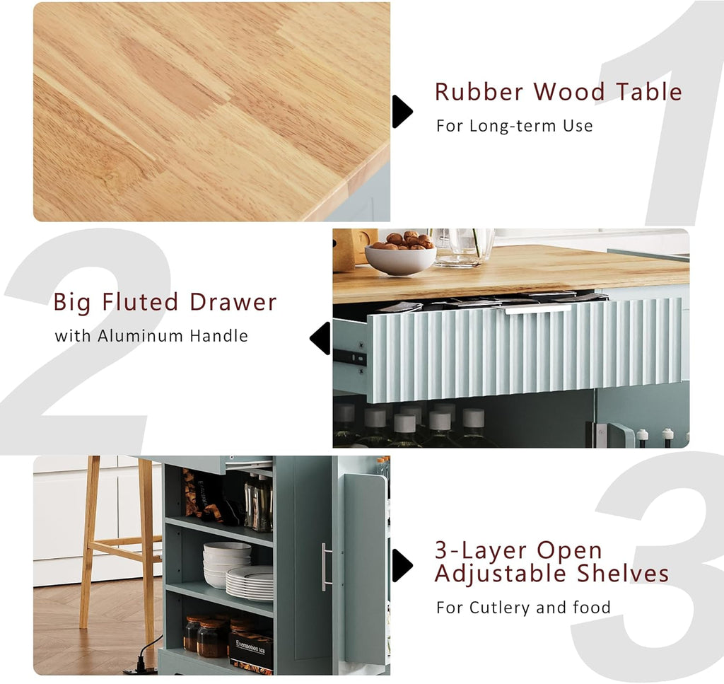 Kitchen Island with Trash Can Storage Cabinet and Power Outlet, Rolling Kitchen Cart on Wheels with Internal Storage Rack, Drawers, Open Side Racks for Dining Room (48.5", Grey Blue)