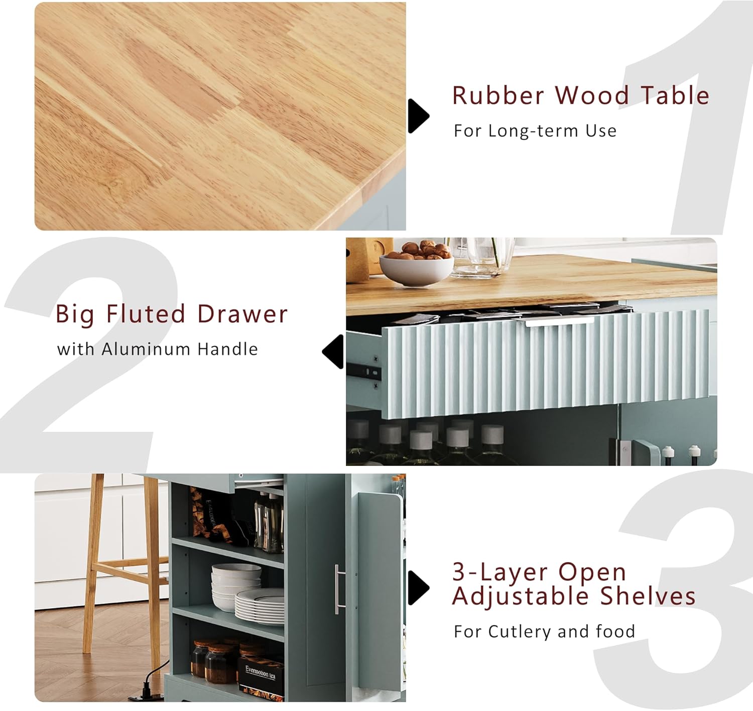 Kitchen Island with Trash Can Storage Cabinet and Power Outlet, Rolling Kitchen Cart on Wheels with Internal Storage Rack, Drawers, Open Side Racks for Dining Room (48.5", Grey Blue)