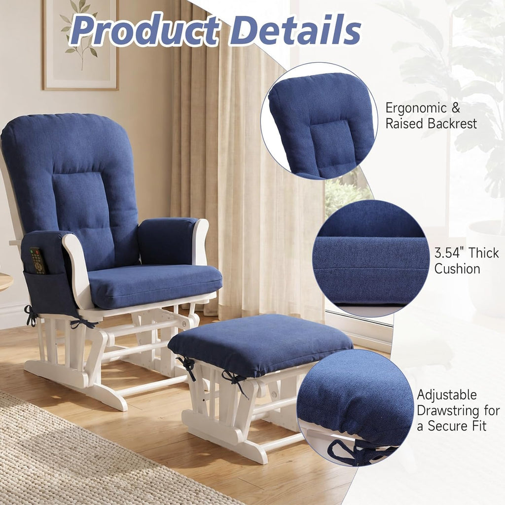 Boshen 5PCS Glider Rocker Replacement Cushions with Ottoman Cover, 3.5" Thick High Back Rocking Chair Cushion Set with Side Pockets for Indoor Nursery Glider Chair, Washable and Non Slip, Blue