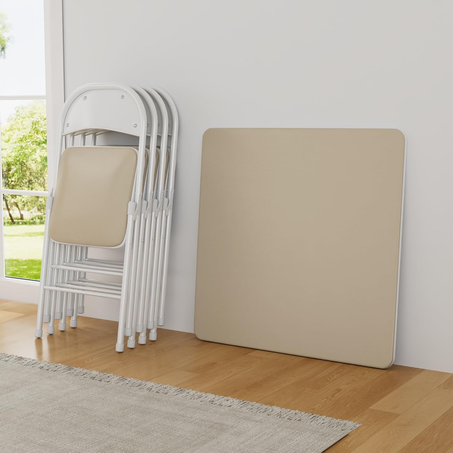 VECELO 5-Piece Folding Card Table Square and Chair Set with Collapsible Legs & Vinyl Upholstery,Portable for Indoor & Outdoor, Beige