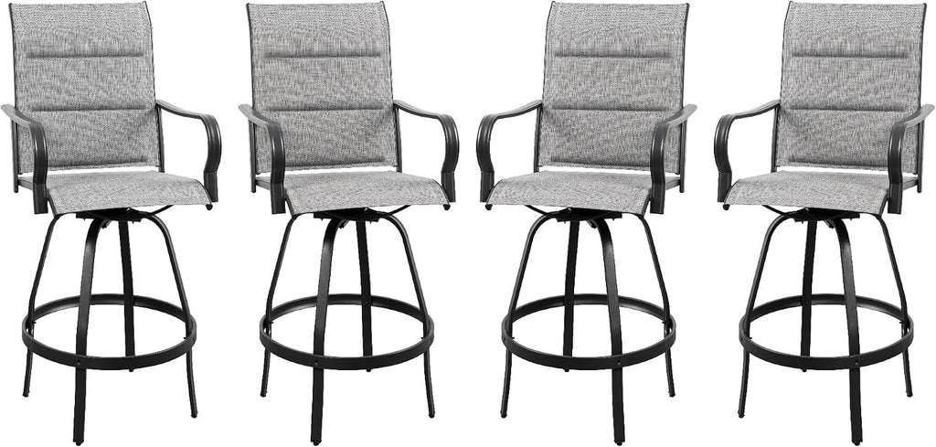 Vongrasig 4 Piece Outdoor Patio Swivel Bar Chairs, All Weather Padded Sling Textile High Top Bar Stools, Bistro Set for Backyard, Lawn Garden, Balcony, Padded Light Gery