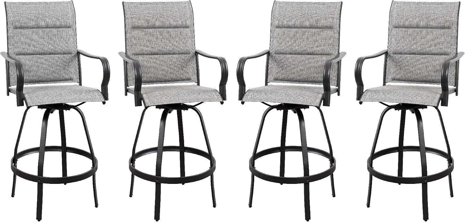 Vongrasig 4 Piece Outdoor Patio Swivel Bar Chairs, All Weather Padded Sling Textile High Top Bar Stools, Bistro Set for Backyard, Lawn Garden, Balcony, Padded Light Gery
