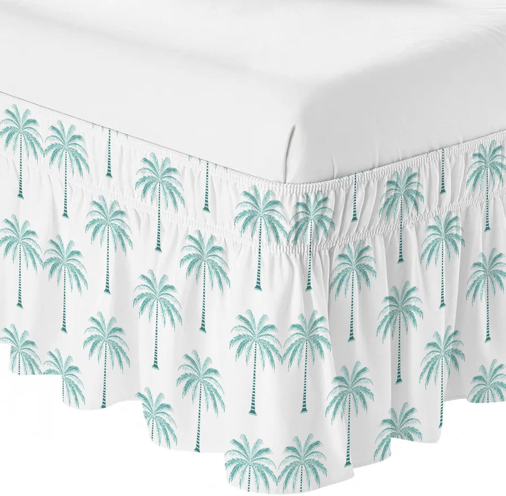Teal Geeen Palm Trees Bed Skirt King Size 16 Inch Drop, Adjustable & Elastic Wrap Around Bed Skirts Pleated Luxury Dust Ruffles for Twin Full Queen Cal King Base Bed, Tropical Summer Beach Botanical