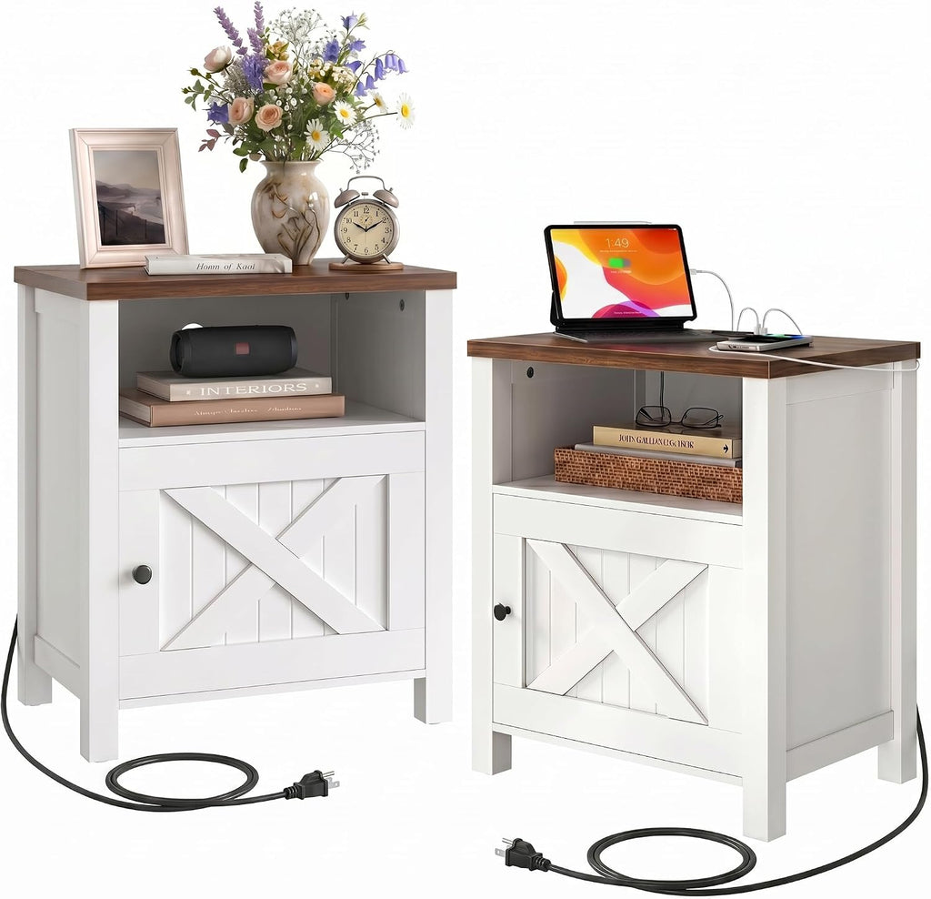 Amada Farmhouse Nightstand Set of 2 with Charging Station, Bedside Table with USB-C & USB Ports and AC Outlets, Wood End Table with Barn Door, Open Shelf & Cabinet Storage for Bedroom, White & Brown