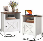 Amada Farmhouse Nightstand Set of 2 with Charging Station, Bedside Table with USB-C & USB Ports and AC Outlets, Wood End Table with Barn Door, Open Shelf & Cabinet Storage for Bedroom, White & Brown