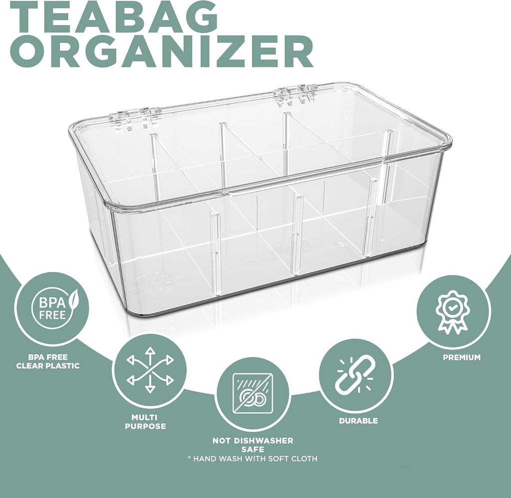 Utopia Home - Tea Bag Organizer With Lids, Clear Pantry Storage Box - (3 Pack) Stackable Partition Organizers or Holder With Lids For Drawers, Countertops, Fridge, Kitchen, Snack & Spice Organization
