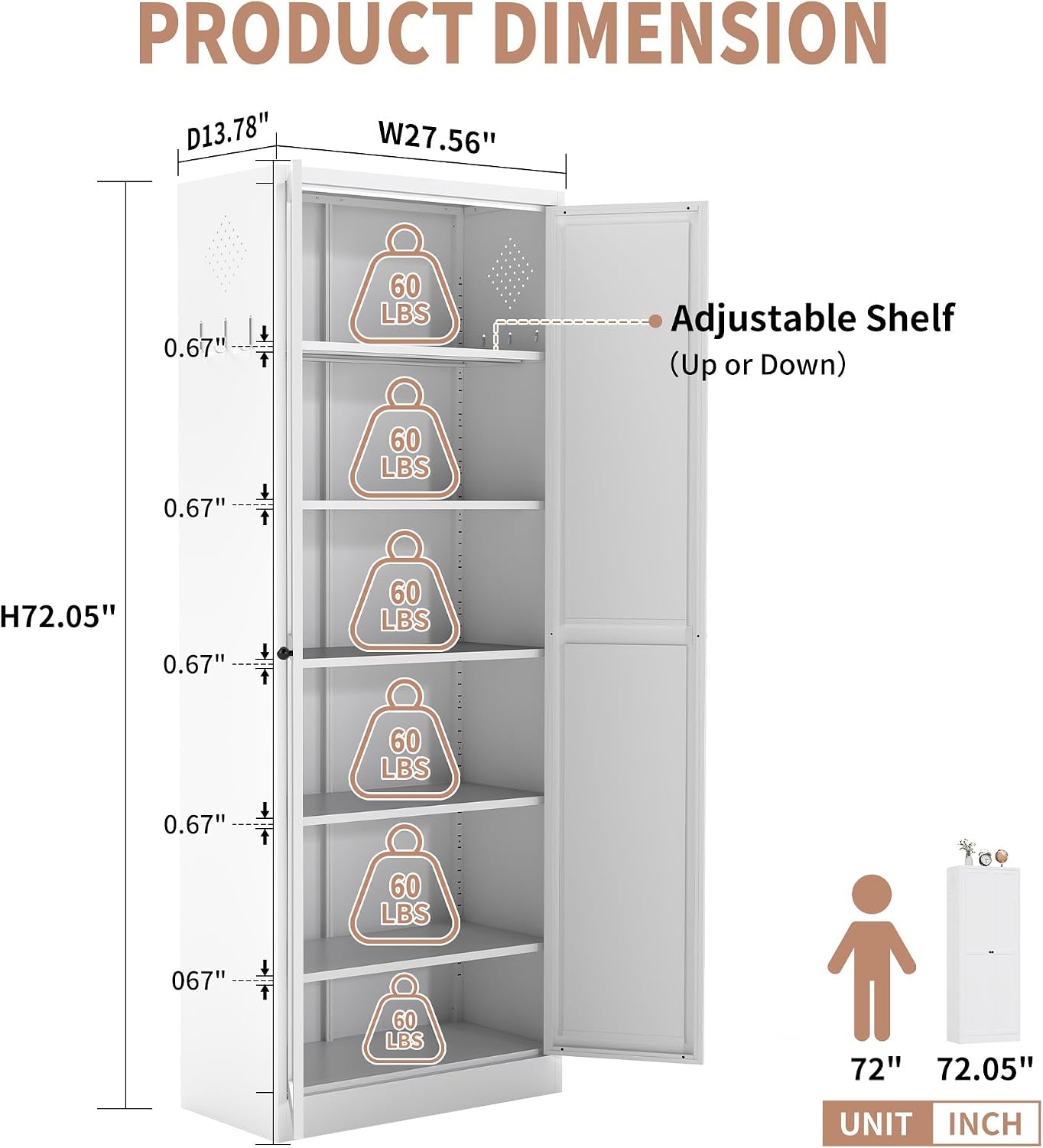 72" White Metal Kitchen Pantry Cabinet with Doors & 5 Adjustable Shelves, Heavy-Duty Freestanding Storage Organizer Utility Cupboard for Pantry, Kitchen, Bathroom