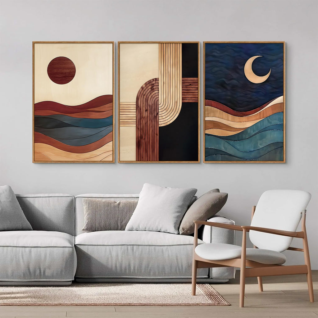 SIGNINART Boho Mid Century Modern Framed Canvas Wall Art, Bohemian Geometric Wall Decor, Abstract Sun and Moon Artwork,Beige and Black Wooden Art Paintings for Living Room Bedroom Office 16"x24"x3