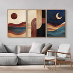 SIGNINART Boho Mid Century Modern Framed Canvas Wall Art, Bohemian Geometric Wall Decor, Abstract Sun and Moon Artwork,Beige and Black Wooden Art Paintings for Living Room Bedroom Office 16"x24"x3