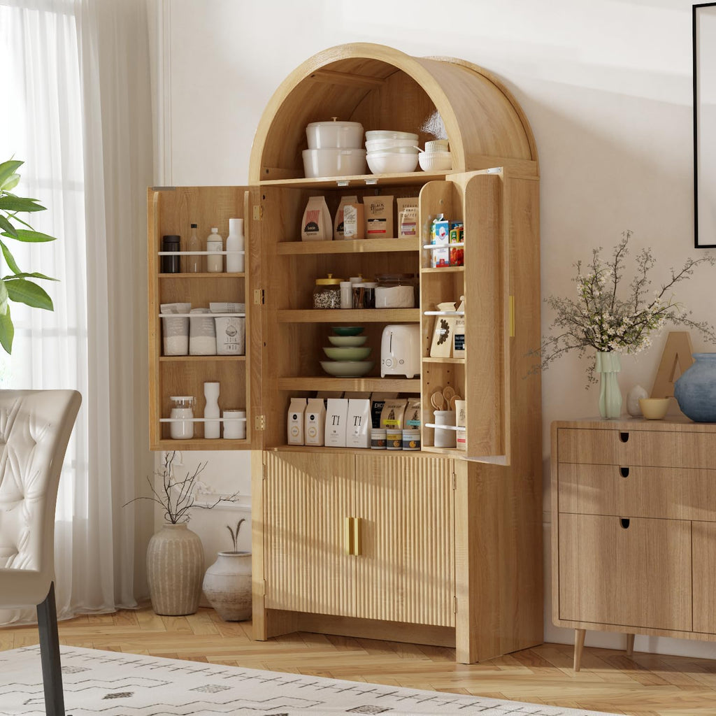OFIKA 71" Arched Kitchen Pantry Cabinet, Fluted Wood Storage with 3 Adjustable Shelves & 6 Door Shelves, Modern Organizer for Kitchen, Bathroom, Natural Wood Finish (Wood)