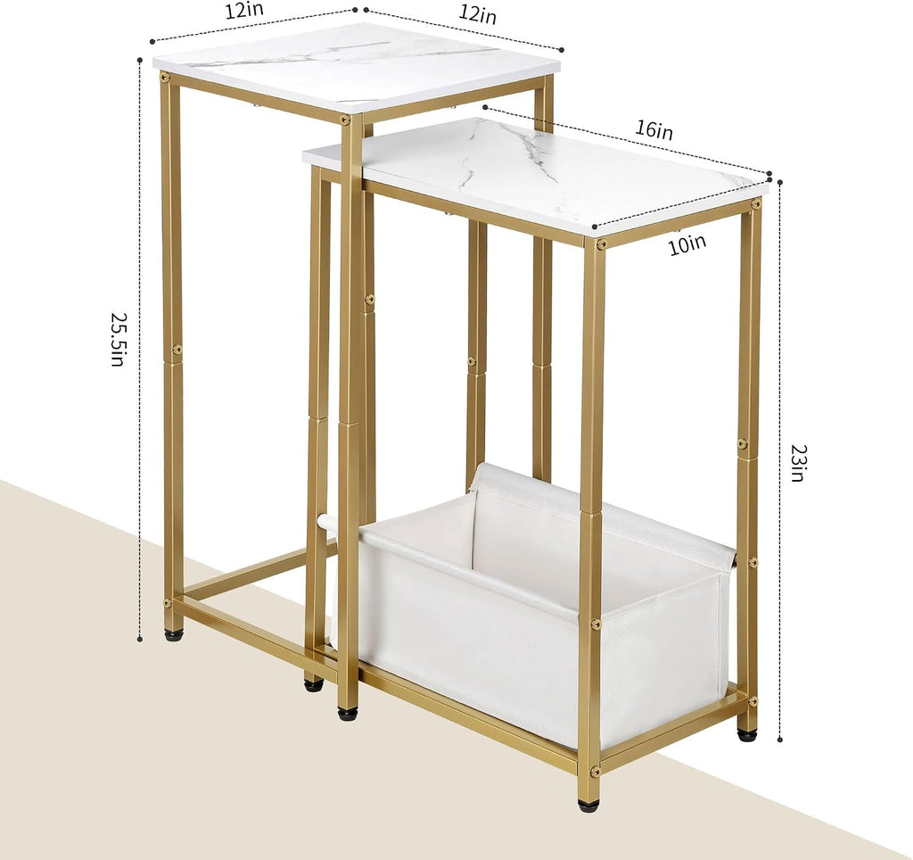 Nesting End Tables Set of 2, Stacking Side Table with Fabric Storage Basket, Small Nightstand for Small Space, Living Room, Bedroom, White Marble & Gold