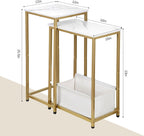 Nesting End Tables Set of 2, Stacking Side Table with Fabric Storage Basket, Small Nightstand for Small Space, Living Room, Bedroom, White Marble & Gold
