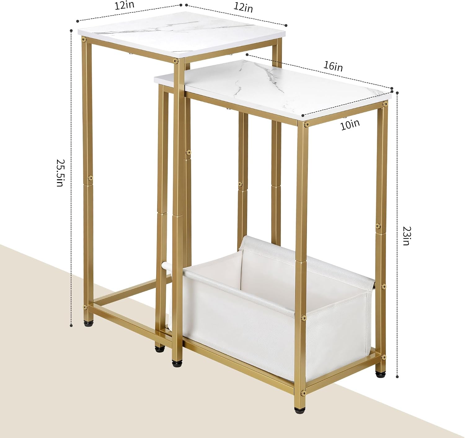 Nesting End Tables Set of 2, Stacking Side Table with Fabric Storage Basket, Small Nightstand for Small Space, Living Room, Bedroom, White Marble & Gold