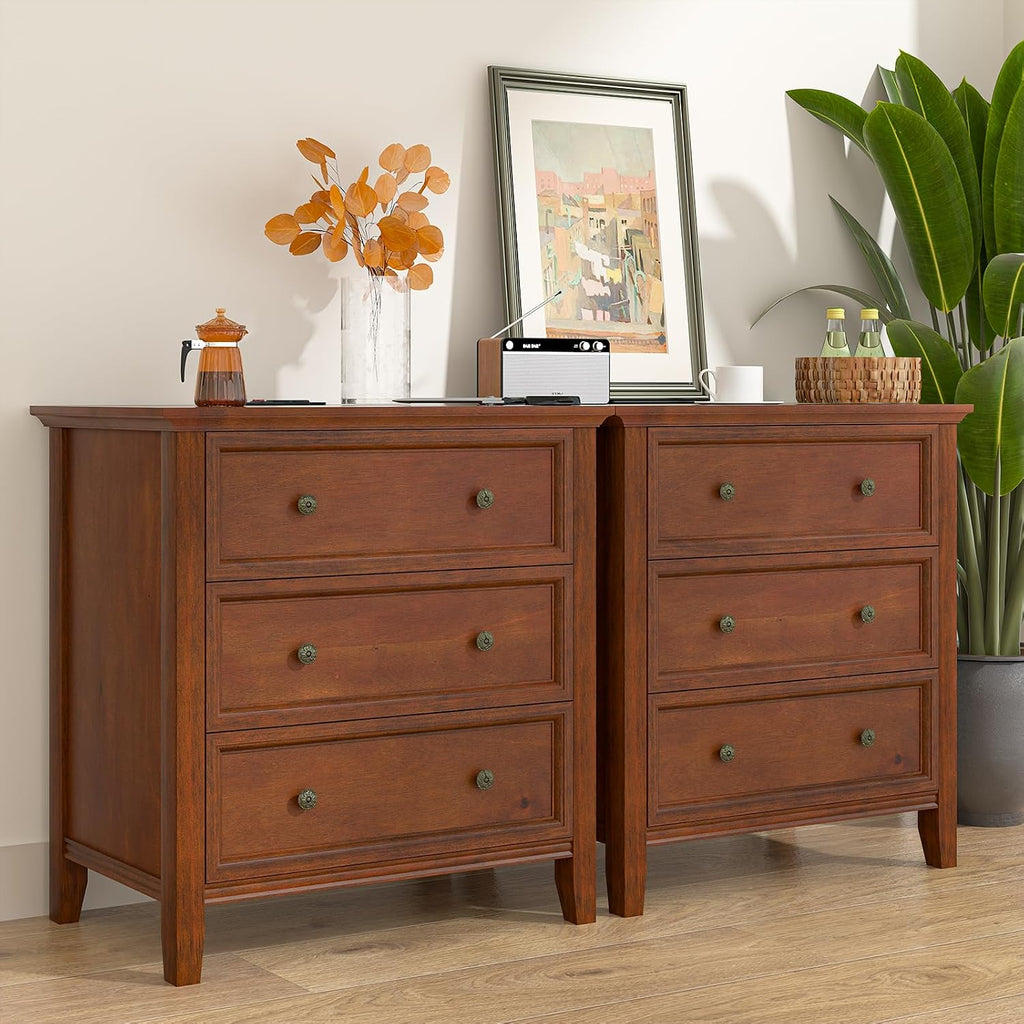 IKENO Solid Wood Nightstand Set of 2，Bed Side Table with Charging Station, Farmhouse Night Stand with 3 Storage Drawers for Bedroom, 27.6" W x 16.8" D x 26.8" H, Walnut