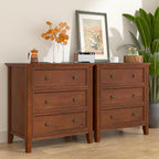 IKENO Solid Wood Nightstand Set of 2，Bed Side Table with Charging Station, Farmhouse Night Stand with 3 Storage Drawers for Bedroom, 27.6" W x 16.8" D x 26.8" H, Walnut