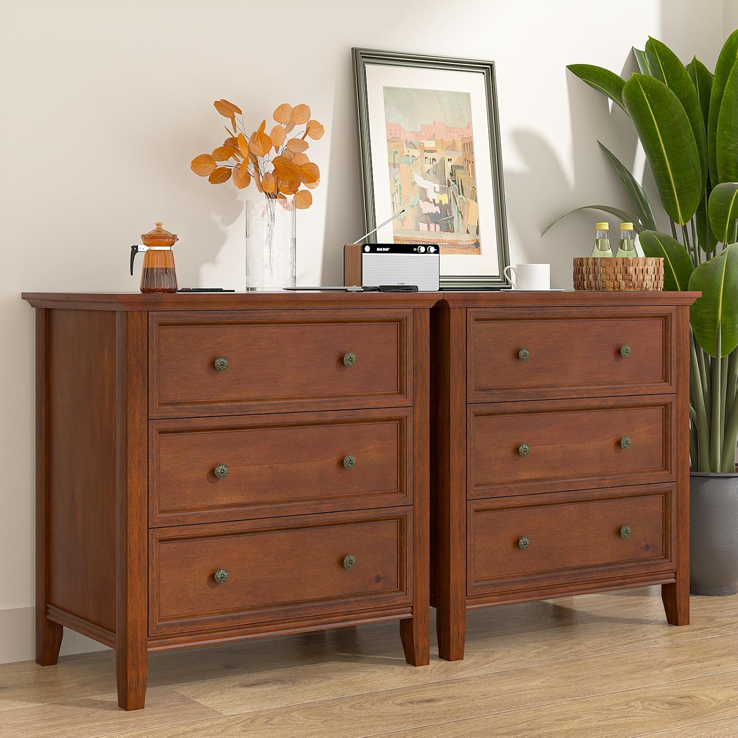 IKENO Solid Wood Nightstand Set of 2，Bed Side Table with Charging Station, Farmhouse Night Stand with 3 Storage Drawers for Bedroom, 27.6" W x 16.8" D x 26.8" H, Walnut