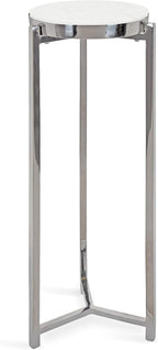 Kate and Laurel Aguilar Glam Round Drink Table, 8 x 8 x 23, Silver and White, Small Accent Table for Use as Plant Pedestal Stand with Marble Tabletop