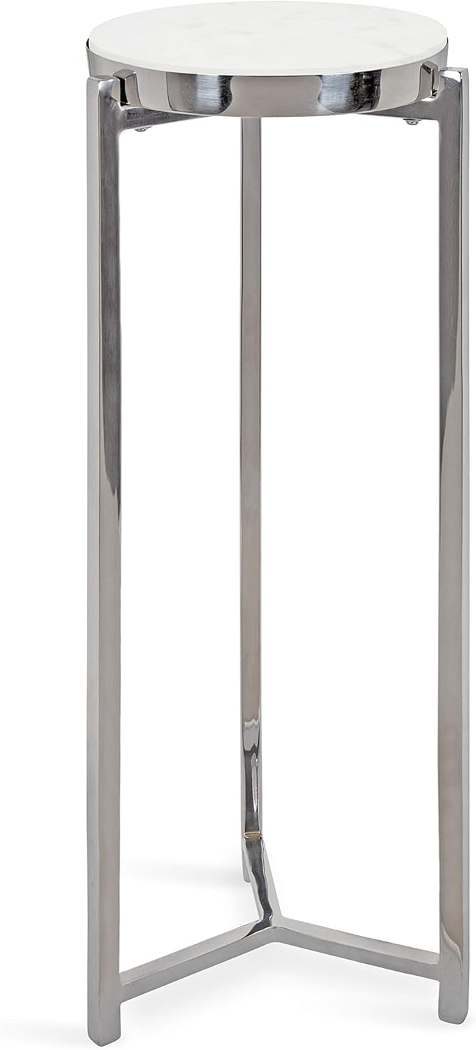 Kate and Laurel Aguilar Glam Round Drink Table, 8 x 8 x 23, Silver and White, Small Accent Table for Use as Plant Pedestal Stand with Marble Tabletop