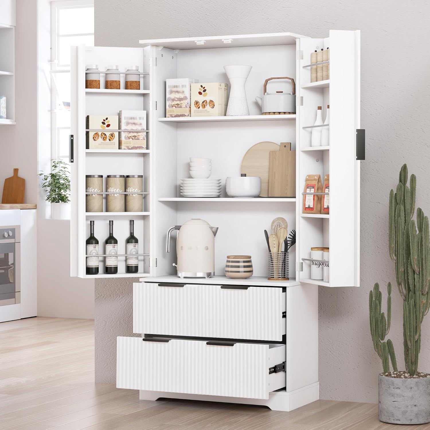 Freestanding Storage Cabinet with 2 Dawers, 2 Shelves, 2 Double Door with 6 Shelves, Rectangular Kitchen Pantry, Modern Minimalist, for Living Room, Dining Room, White